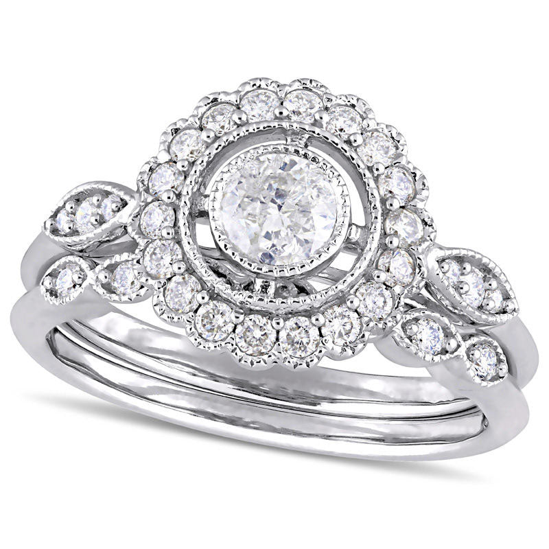 0.75 CT. T.W. Natural Diamond Flower Frame Antique Vintage-Style Bridal Engagement Ring Set in Solid 10K White Gold