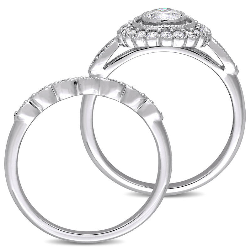 0.75 CT. T.W. Natural Diamond Flower Frame Antique Vintage-Style Bridal Engagement Ring Set in Solid 10K White Gold