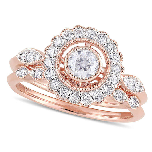 0.75 CT. T.W. Natural Diamond Frame Antique Vintage-Style Bridal Engagement Ring Set in Solid 10K Rose Gold