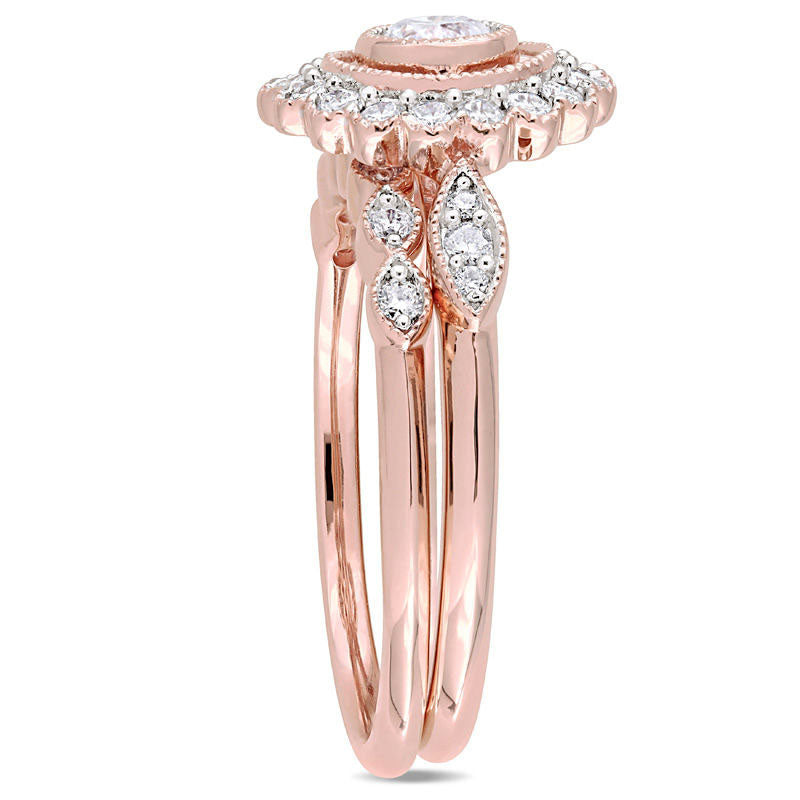 0.75 CT. T.W. Natural Diamond Frame Antique Vintage-Style Bridal Engagement Ring Set in Solid 10K Rose Gold