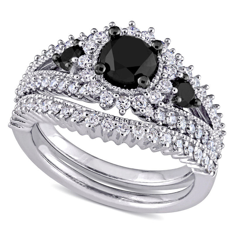 2.0 CT. T.W. Enhanced Black and White Natural Diamond Three Stone Bridal Engagement Ring Set in Solid 10K White Gold