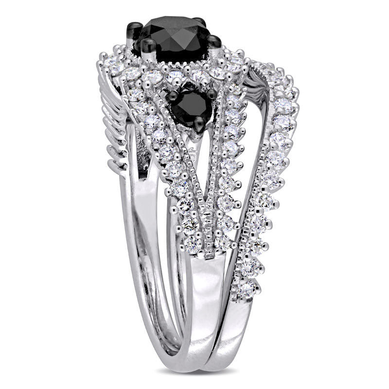 2.0 CT. T.W. Enhanced Black and White Natural Diamond Three Stone Bridal Engagement Ring Set in Solid 10K White Gold