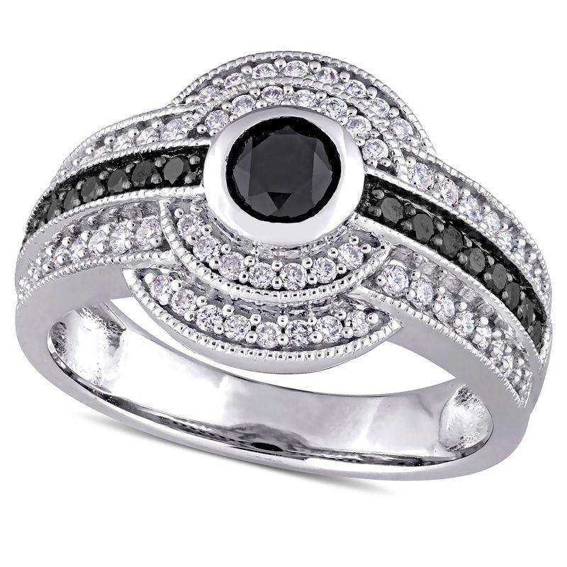 1.0 CT. T.W. Enhanced Black and White Natural Diamond Double Frame Three Row Engagement Ring in Solid 14K White Gold