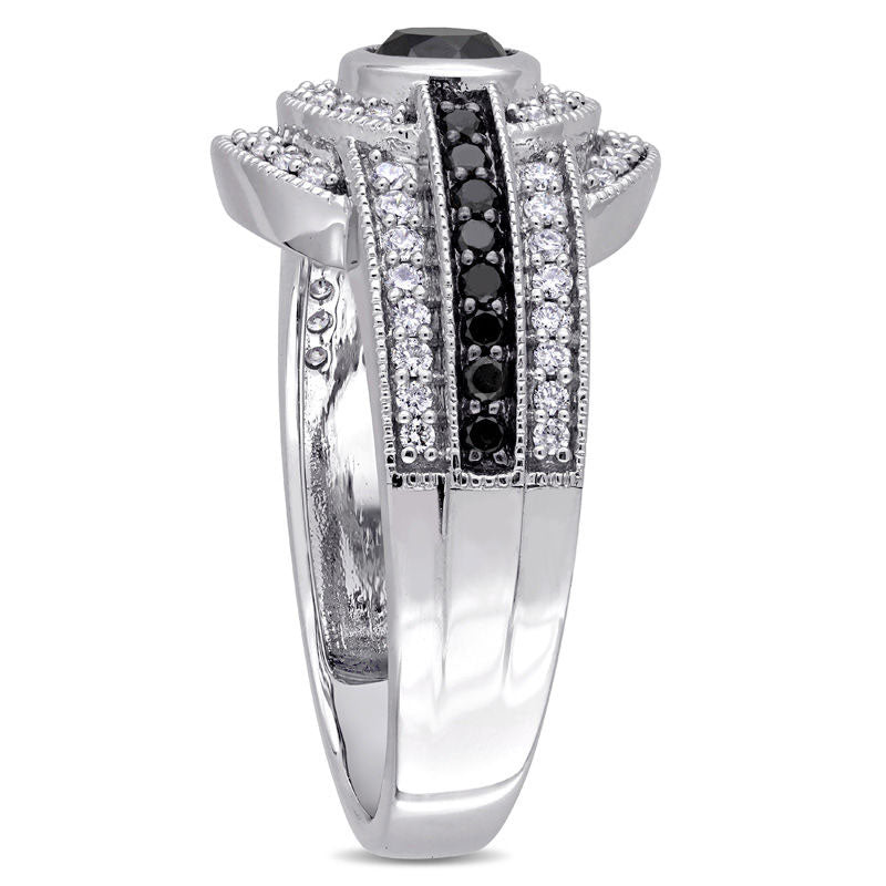 1.0 CT. T.W. Enhanced Black and White Natural Diamond Double Frame Three Row Engagement Ring in Solid 14K White Gold