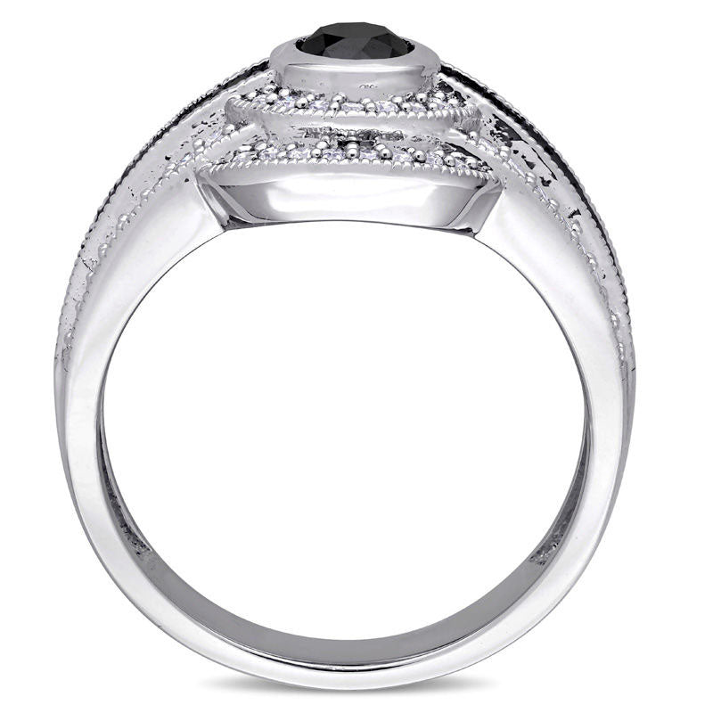 1.0 CT. T.W. Enhanced Black and White Natural Diamond Double Frame Three Row Engagement Ring in Solid 14K White Gold