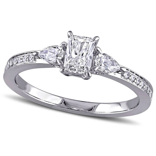 0.63 CT. T.W. Emerald-Cut and Pear-Shaped Natural Diamond Three Stone Engagement Ring in Solid 14K White Gold