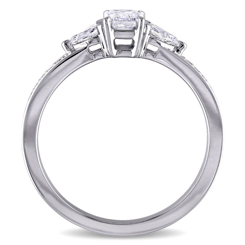 0.63 CT. T.W. Emerald-Cut and Pear-Shaped Natural Diamond Three Stone Engagement Ring in Solid 14K White Gold