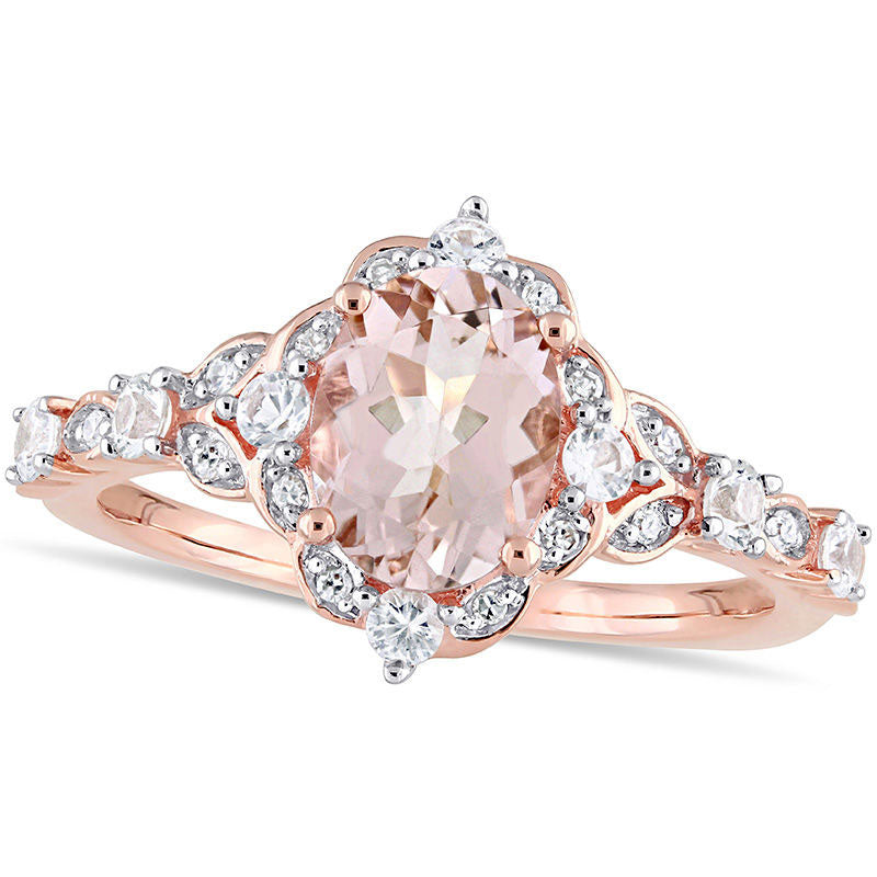 Oval Morganite, White Sapphire and 0.05 CT. T.W. Natural Diamond Frame Ring in Solid 10K Rose Gold