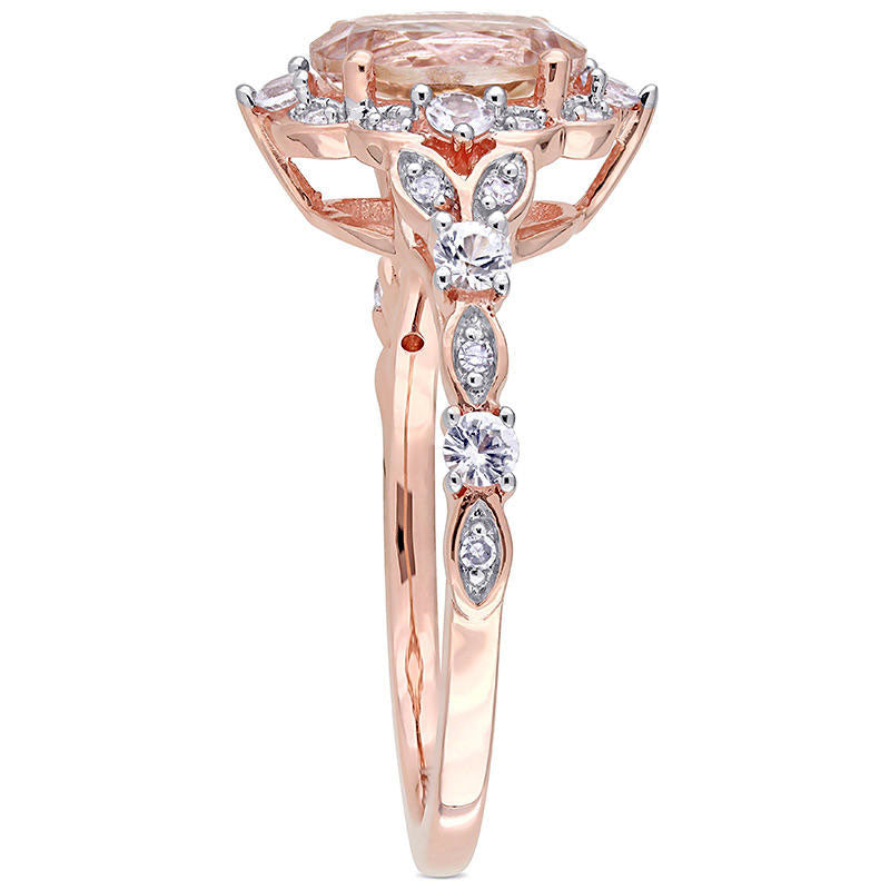 Oval Morganite, White Sapphire and 0.05 CT. T.W. Natural Diamond Frame Ring in Solid 10K Rose Gold