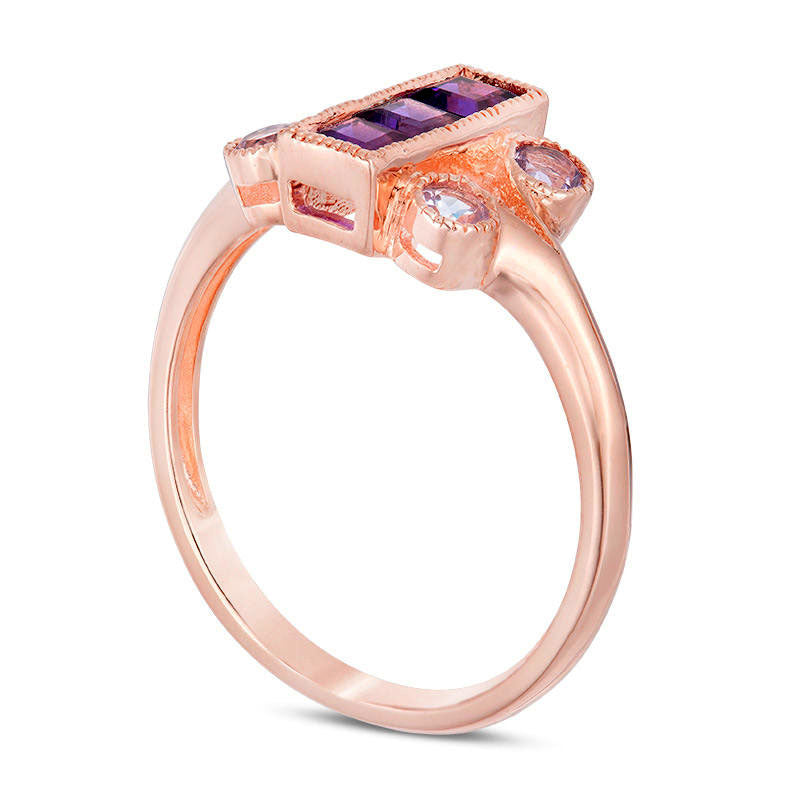 Princess-Cut Rose de France and Purple Amethyst Linear Three Stone Ring in Sterling Silver with Rose Rhodium