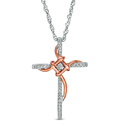 0.1 CT. T.W. Natural Diamond Layered Knot Cross Pendant in Sterling Silver and 10K Rose Gold