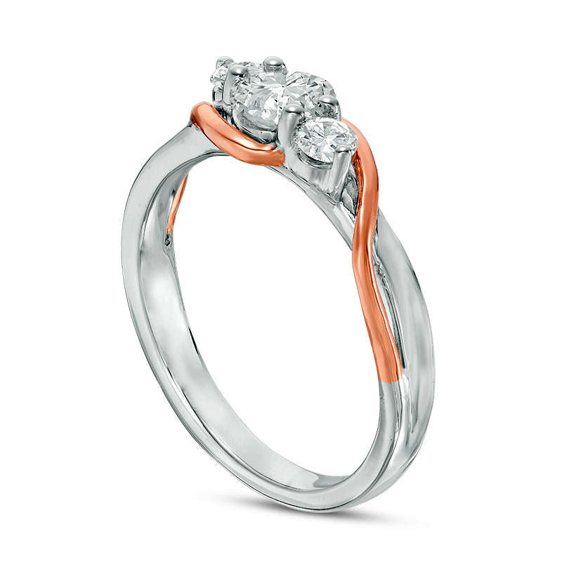 Lab-Created White Sapphire Three Stone Bypass Ring in Sterling Silver and Solid 10K Rose Gold