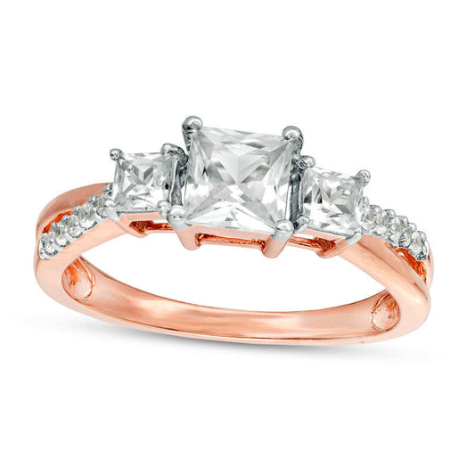 Princess-Cut Lab-Created White Sapphire Three Stone Engagement Ring in Solid 10K Rose Gold