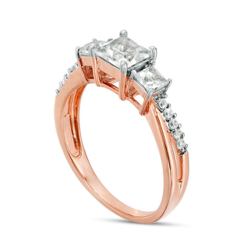 Princess-Cut Lab-Created White Sapphire Three Stone Engagement Ring in Solid 10K Rose Gold