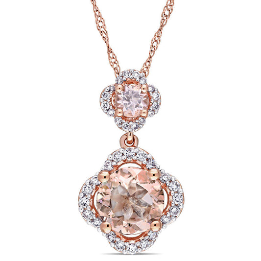 Morganite and 0.2 CT. T.W. Natural Diamond Clover Frame Double Drop Pendant in 14K Rose Gold - 17"