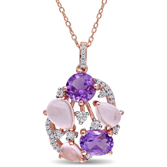 Multi-Shaped Amethyst, Rose Quartz and White Topaz Cluster Pendant in Sterling Silver with Rose Rhodium Plate