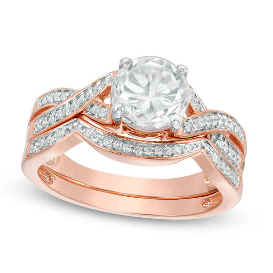 7.0mm Lab-Created White Sapphire and 0.17 CT. T.W. Diamond Twist Bridal Engagement Ring Set in Solid 10K Rose Gold