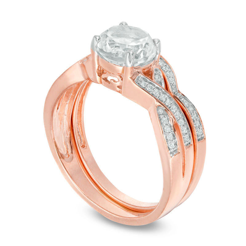 7.0mm Lab-Created White Sapphire and 0.17 CT. T.W. Diamond Twist Bridal Engagement Ring Set in Solid 10K Rose Gold