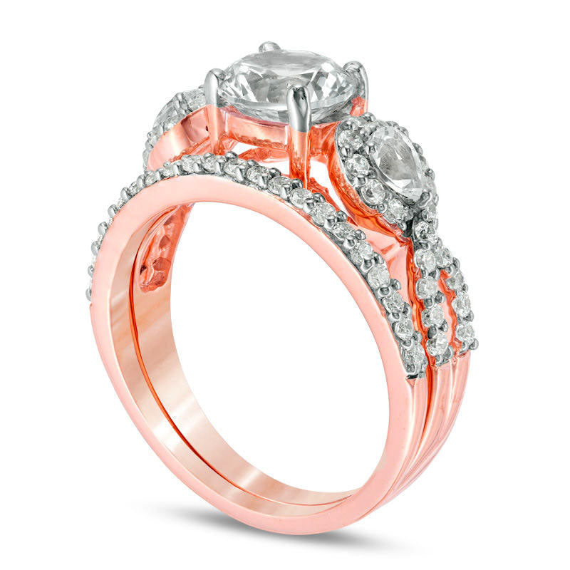 Lab-Created White Sapphire and 0.50 CT. T.W. Diamond Twist Bridal Engagement Ring Set in Solid 10K Rose Gold