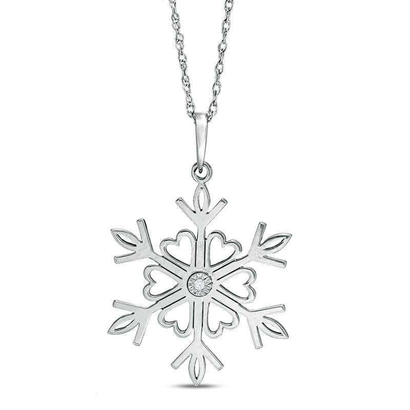 Natural Clarity Enhanced Accent Solitaire Laser-Cut Heart Snowflake Pendant in 10K White Gold