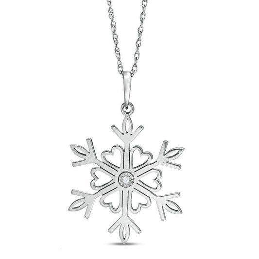 Natural Clarity Enhanced Accent Solitaire Laser-Cut Heart Snowflake Pendant in 10K White Gold