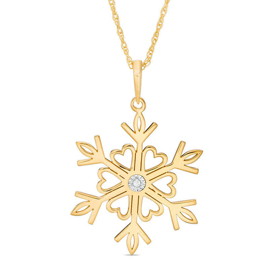 Natural Clarity Enhanced Accent Solitaire Laser-Cut Heart Snowflake Pendant in 10K Yellow Gold