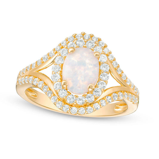 Oval Lab-Created Opal and White Sapphire Frame Open Shank Ring in Sterling Silver with Solid 14K Gold Plate