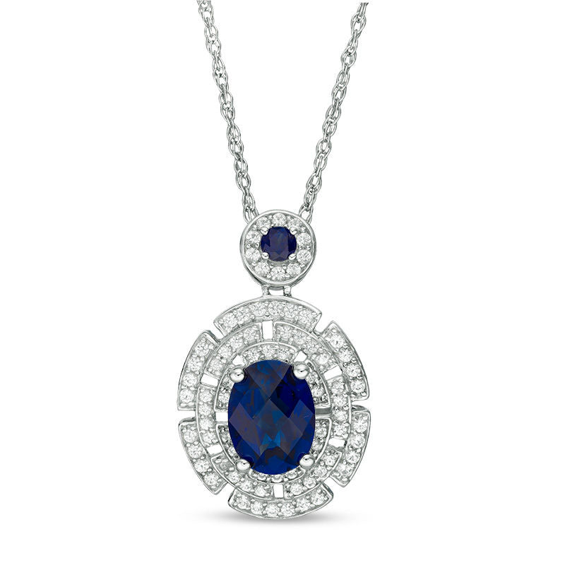 Oval Lab-Created Blue and White Sapphire Aztec Inspired Frame Drop Pendant in Sterling Silver