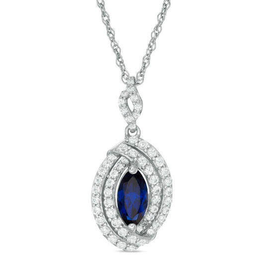 Marquise Lab-Created Blue and White Sapphire Double Swirl Frame Drop Pendant in Sterling Silver