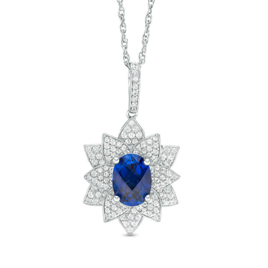 Oval Lab-Created Blue and White Sapphire Layered Petal Floral Frame Drop Pendant in Sterling Silver