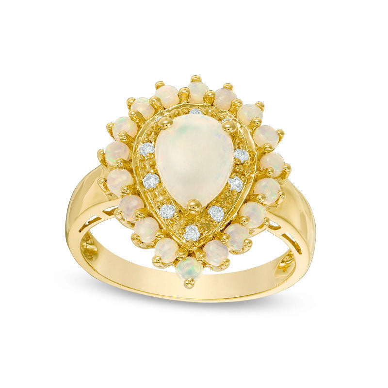 Pear-Shaped Opal and 0.07 CT. T.W. Natural Diamond Double Frame Ring in Solid 14K Gold