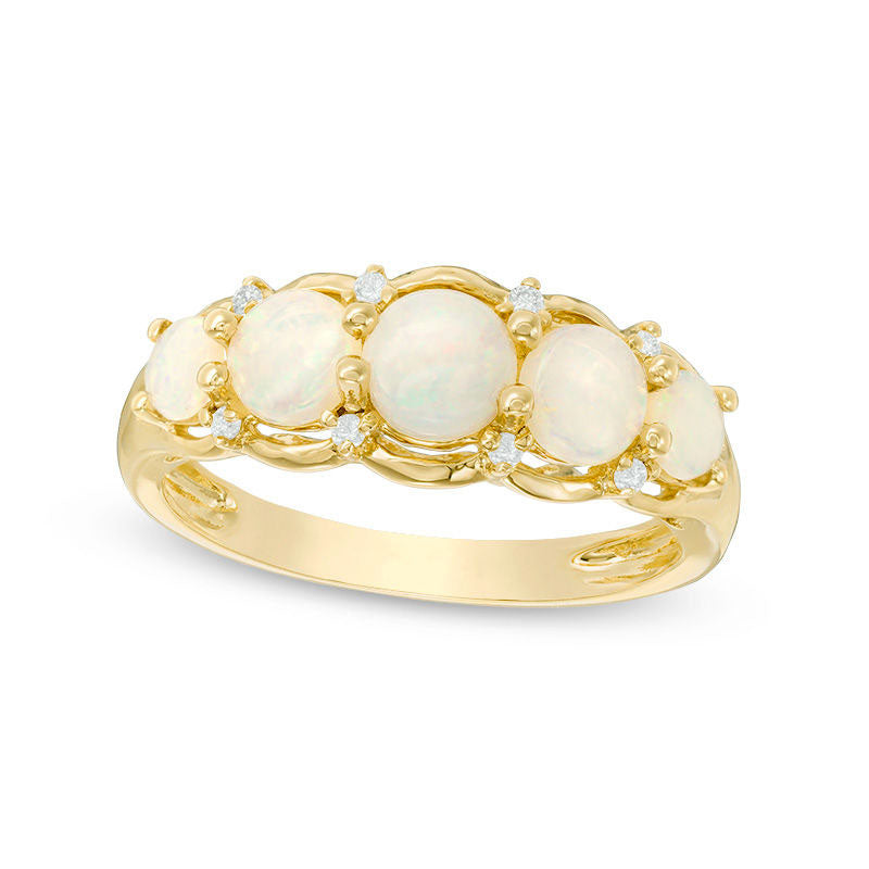 Opal and Natural Diamond Accent Five Stone Ring in Solid 14K Gold