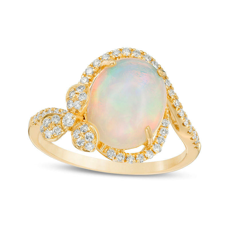 Oval Opal and 0.33 CT. T.W. Natural Diamond Bypass Flower Frame Ring in Solid 18K Gold