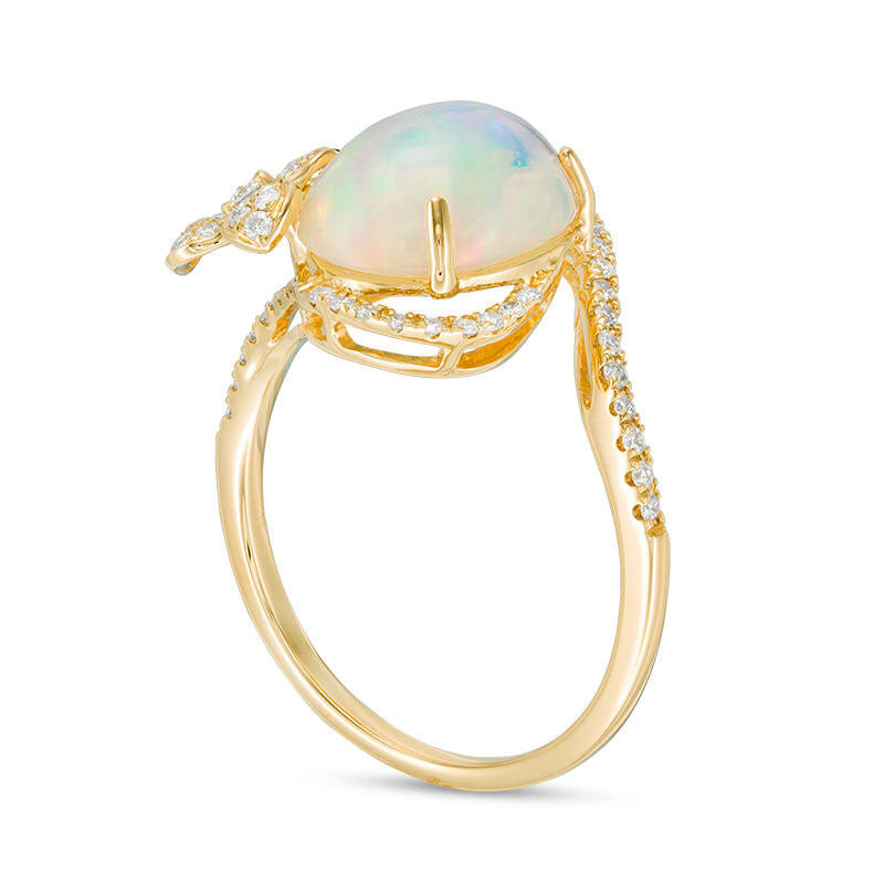 Oval Opal and 0.33 CT. T.W. Natural Diamond Bypass Flower Frame Ring in Solid 18K Gold