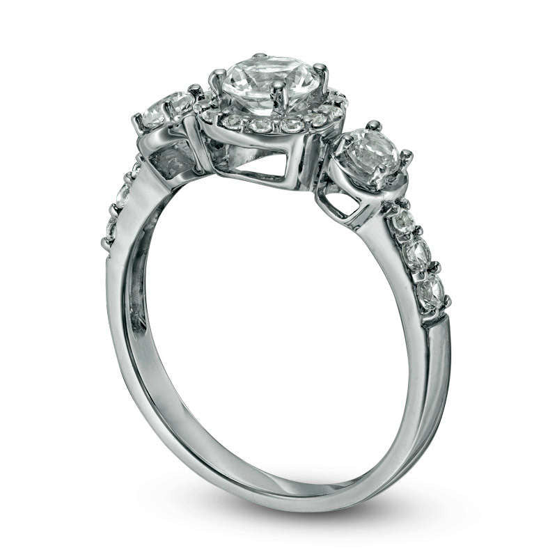 Lab-Created White Sapphire Three Stone Frame Engagement Ring in Sterling Silver