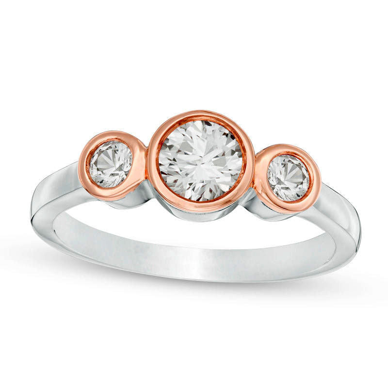 Lab-Created White Sapphire Three Stone Ring in Sterling Silver and Solid 10K Rose Gold