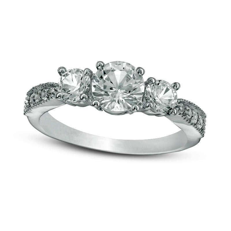 Lab-Created White Sapphire Three Stone Engagement Ring in Solid 10K White Gold