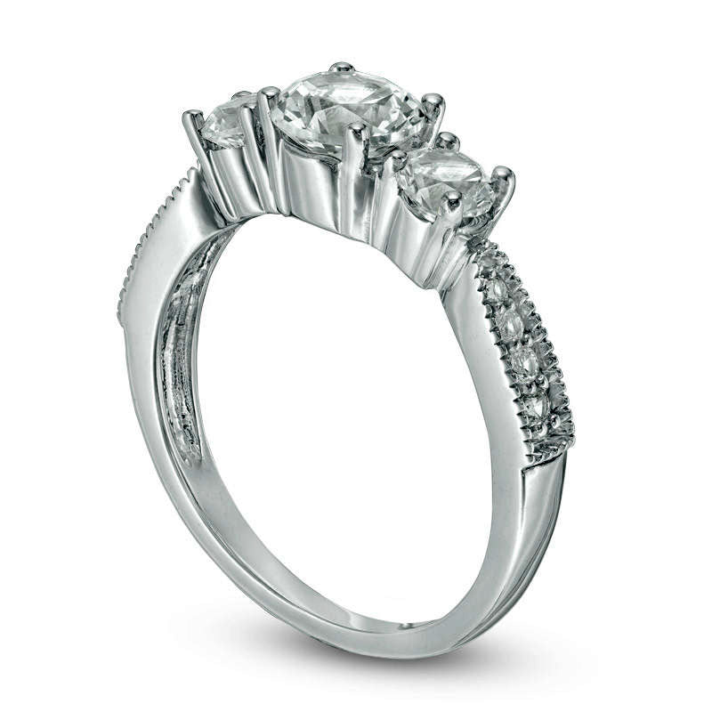 Lab-Created White Sapphire Three Stone Engagement Ring in Solid 10K White Gold