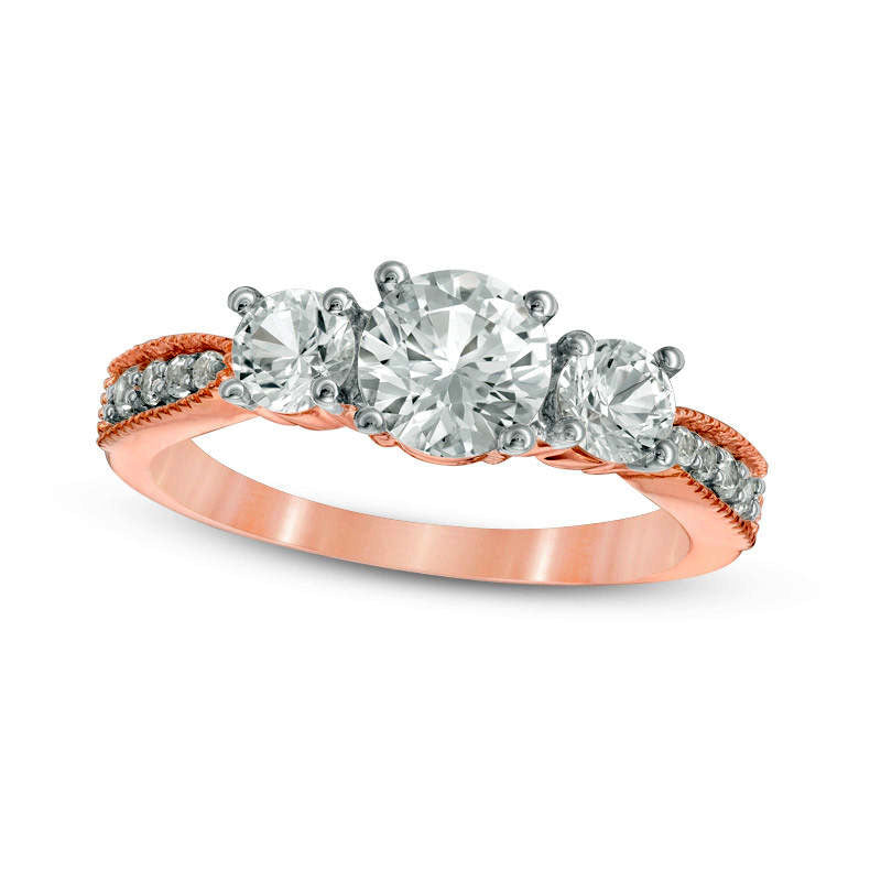 Lab-Created White Sapphire Three Stone Engagement Ring in Solid 10K Rose Gold