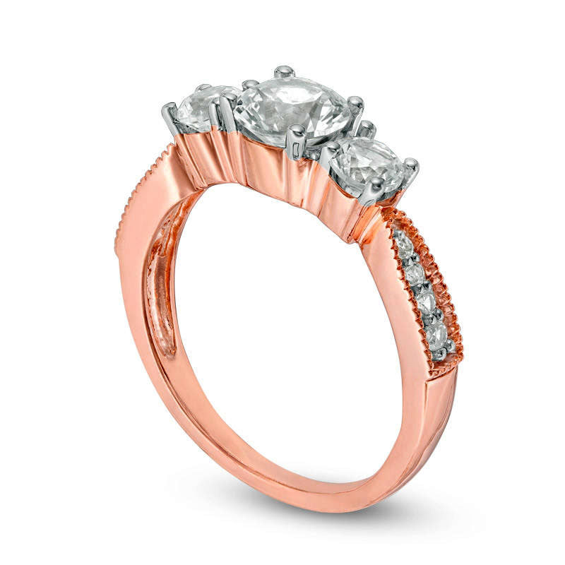 Lab-Created White Sapphire Three Stone Engagement Ring in Solid 10K Rose Gold