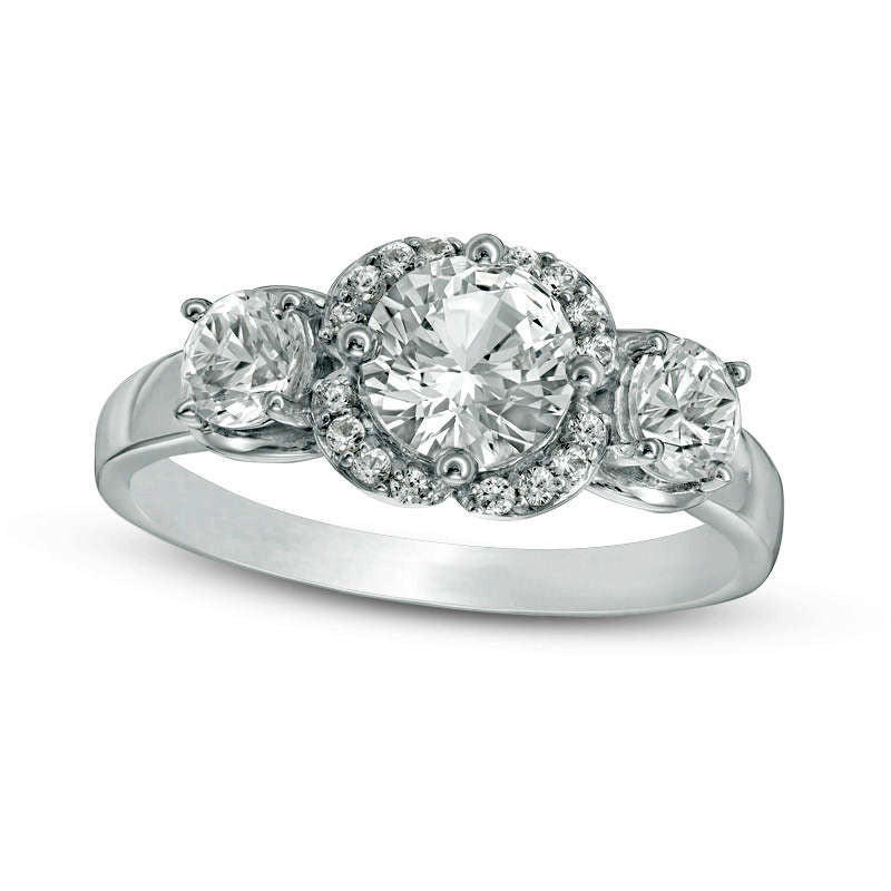 Lab-Created White Sapphire Three Stone Flower Frame Engagement Ring in Solid 10K White Gold