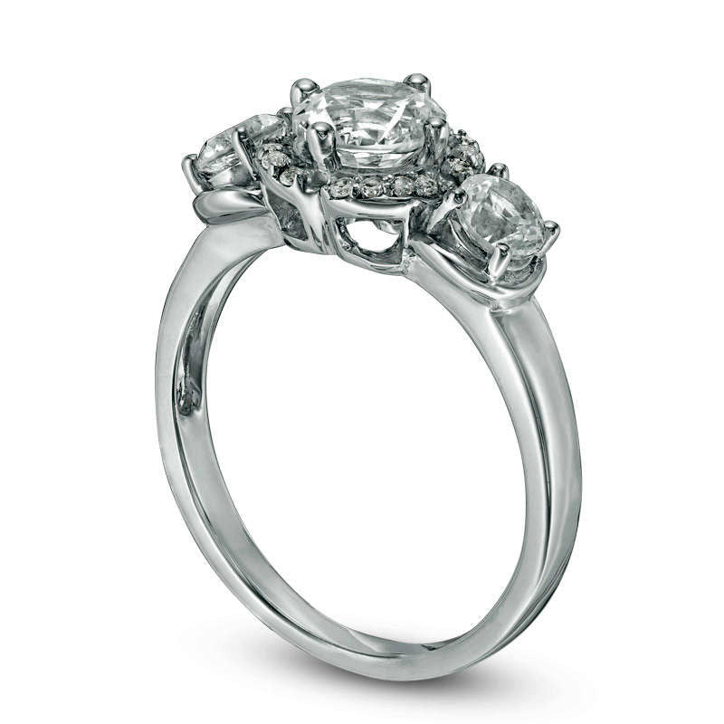 Lab-Created White Sapphire Three Stone Flower Frame Engagement Ring in Solid 10K White Gold