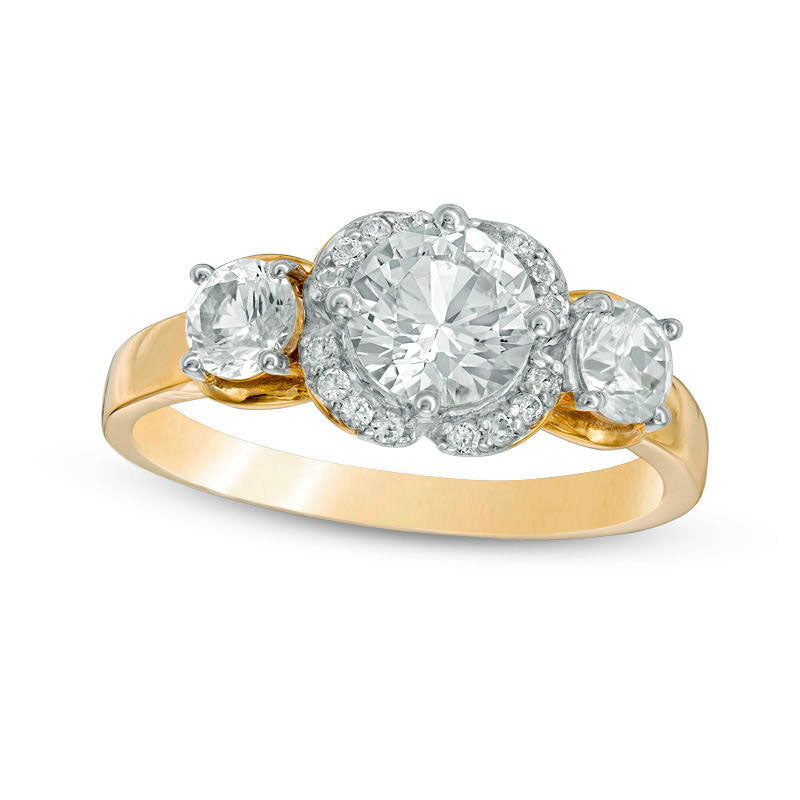 Lab-Created White Sapphire Three Stone Flower Frame Engagement Ring in Solid 10K Yellow Gold