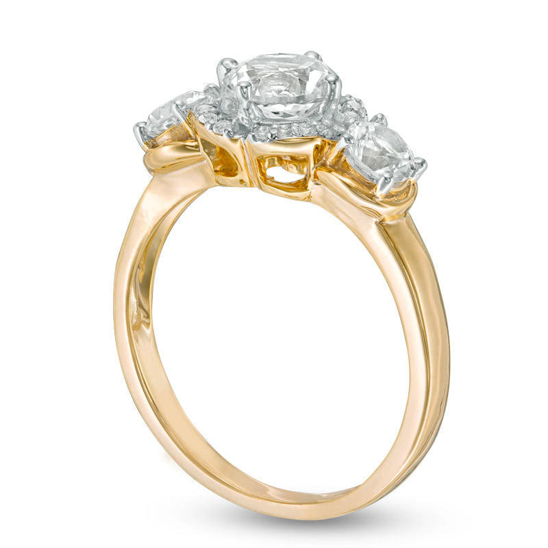 Lab-Created White Sapphire Three Stone Flower Frame Engagement Ring in Solid 10K Yellow Gold