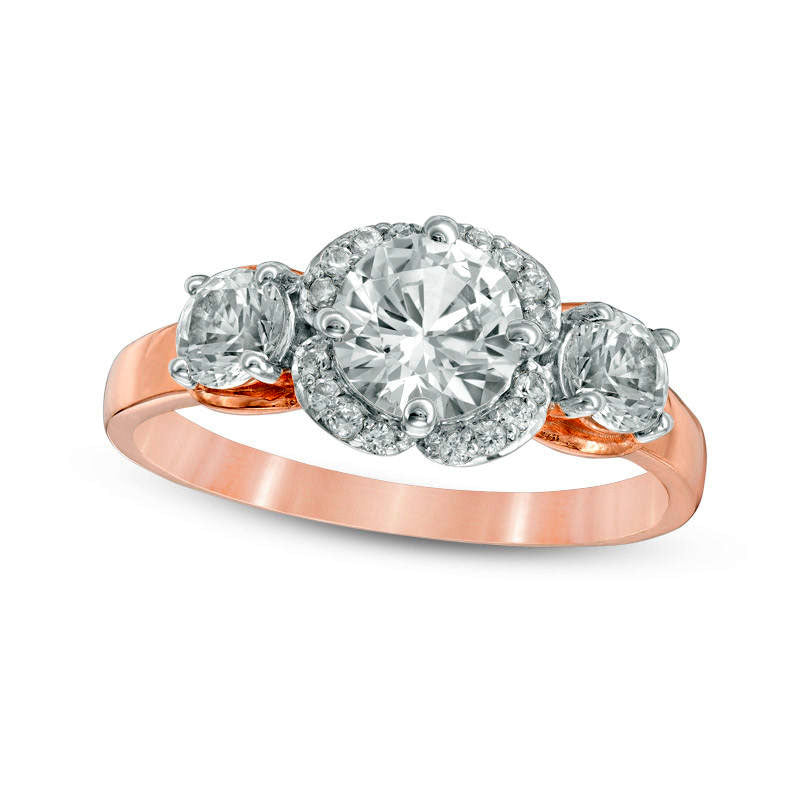 Lab-Created White Sapphire Three Stone Flower Frame Engagement Ring in Solid 10K Rose Gold