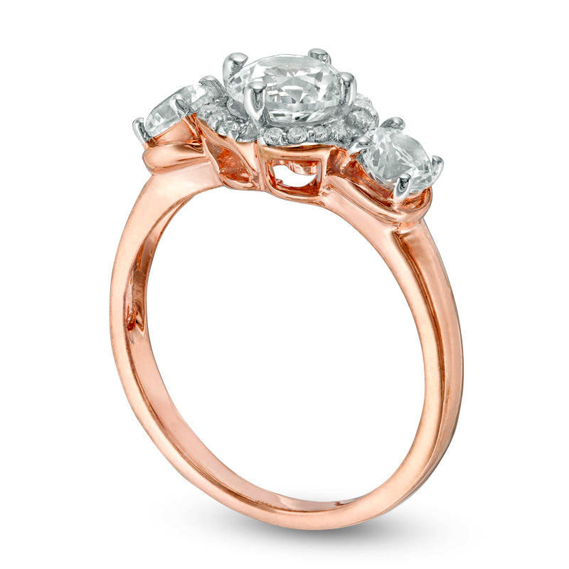 Lab-Created White Sapphire Three Stone Flower Frame Engagement Ring in Solid 10K Rose Gold