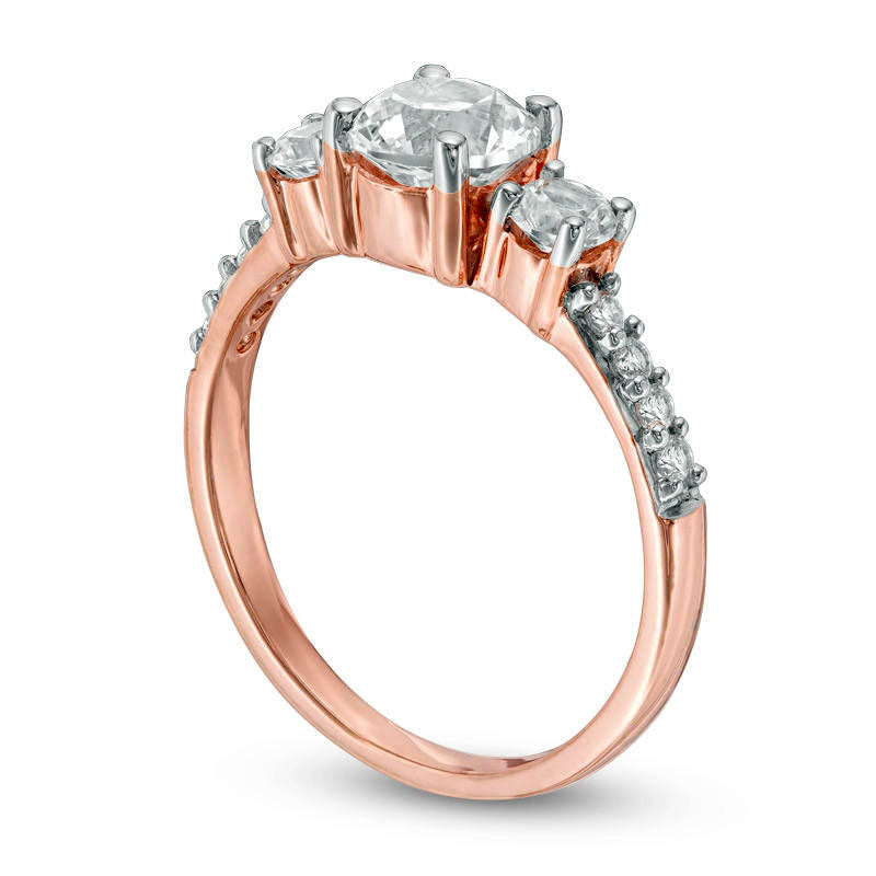 Lab-Created White Sapphire Three Stone Ring in Solid 10K Rose Gold