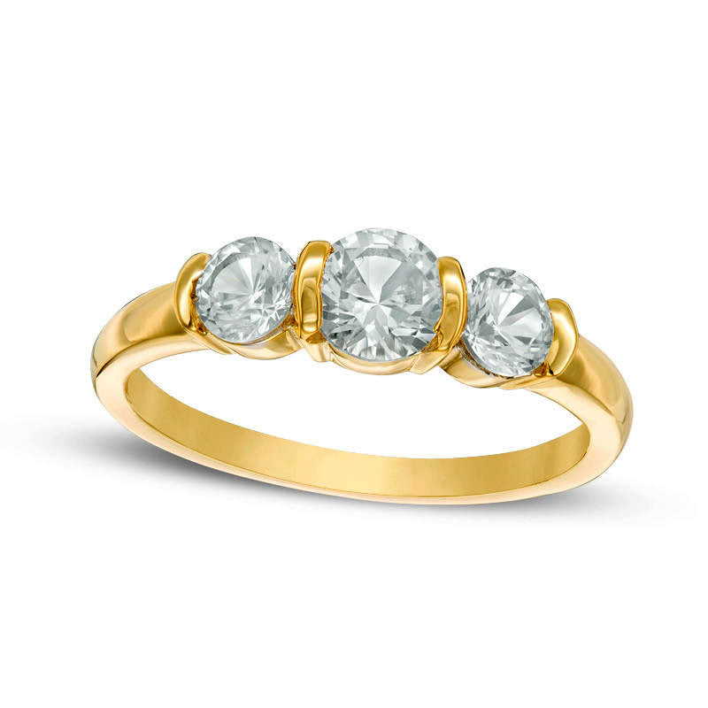 Lab-Created White Sapphire Three Stone Collar Engagement Ring in Sterling Silver with Solid 14K Gold Plate