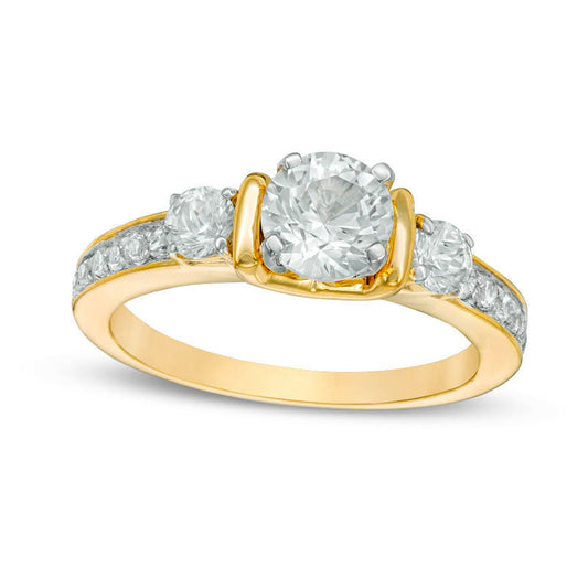 Lab-Created White Sapphire Three Stone Collar Engagement Ring in Sterling Silver with Solid 14K Gold Plate