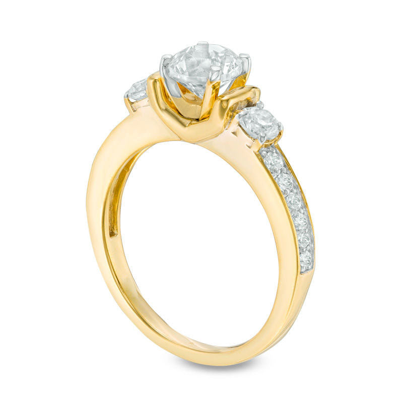 Lab-Created White Sapphire Three Stone Collar Engagement Ring in Sterling Silver with Solid 14K Gold Plate